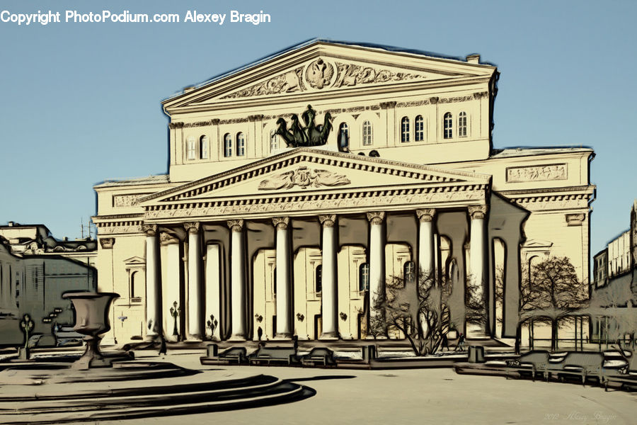 Bench, Architecture, Court, Building, Column, Pillar, Drawing
