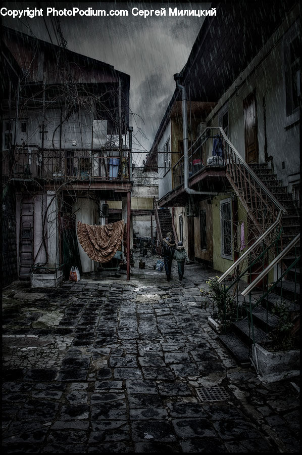 Alley, Alleyway, Road, Street, Town, Rubble, Cabin