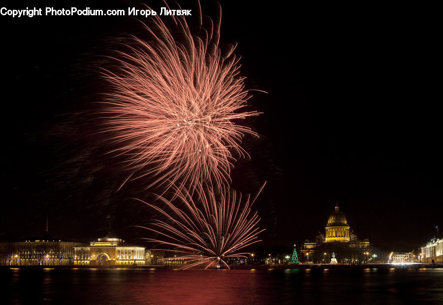 Fireworks, Night, Outdoors, Architecture, Cathedral, Church, Worship