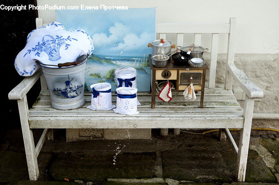 Bucket, Chair, Furniture, Cup, Bench, Dining Table, Table