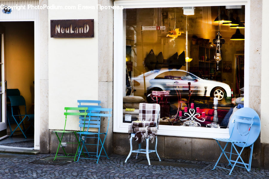 Automobile, Car, Vehicle, Chair, Furniture, Cafe, Cafeteria