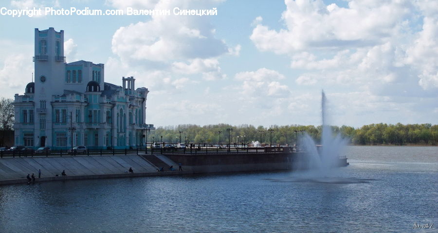 Fountain, Water, Building, Downtown, Town, Architecture, Mansion