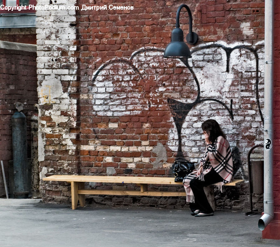 People, Person, Human, Light Fixture, Brick, Bag, Female