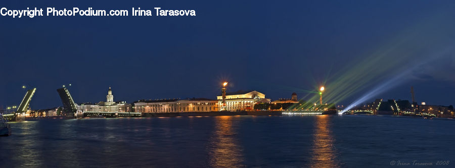 Bridge, City, Downtown, Waterfront, Night, Outdoors, Ferry