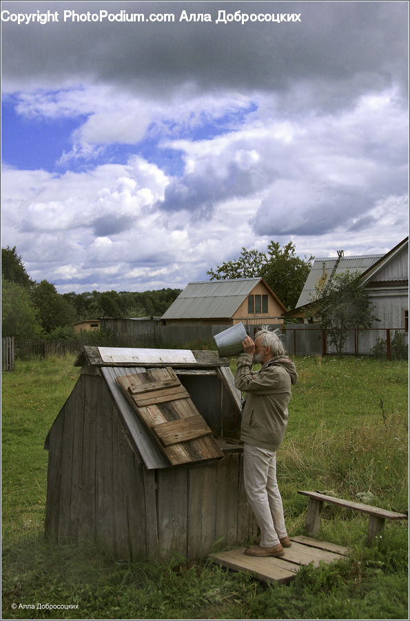 People, Person, Human, Outhouse, Shack, Roof, Yard