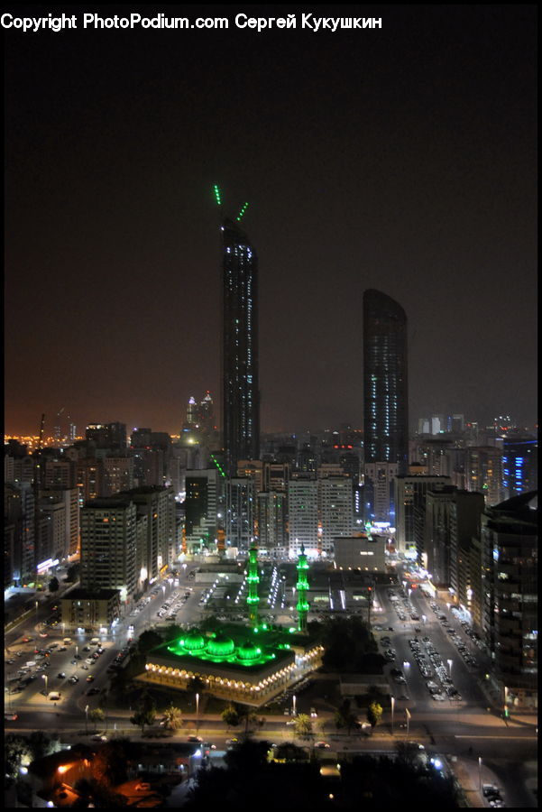 City, Downtown, Metropolis, Urban, Intersection, Road, Night
