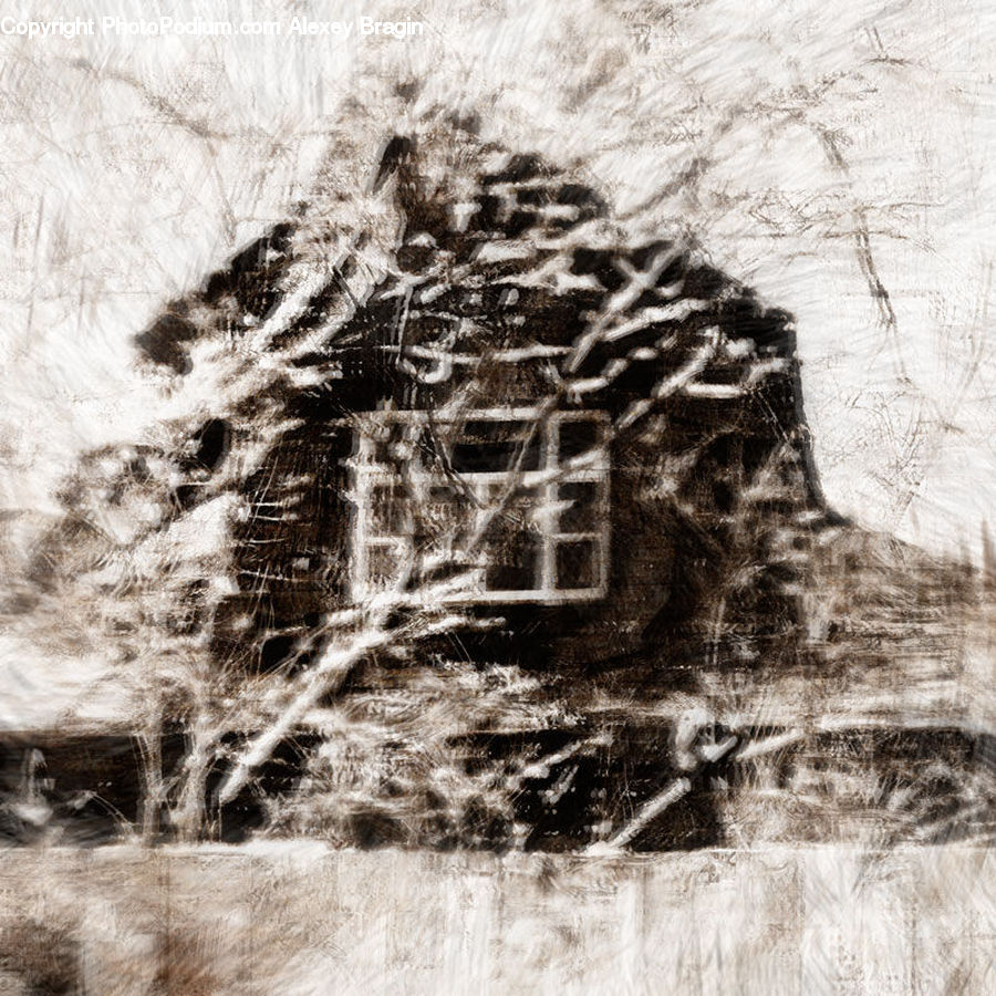 Drawing, Sketch, Bunker, Plant, Vegetation, Ruins