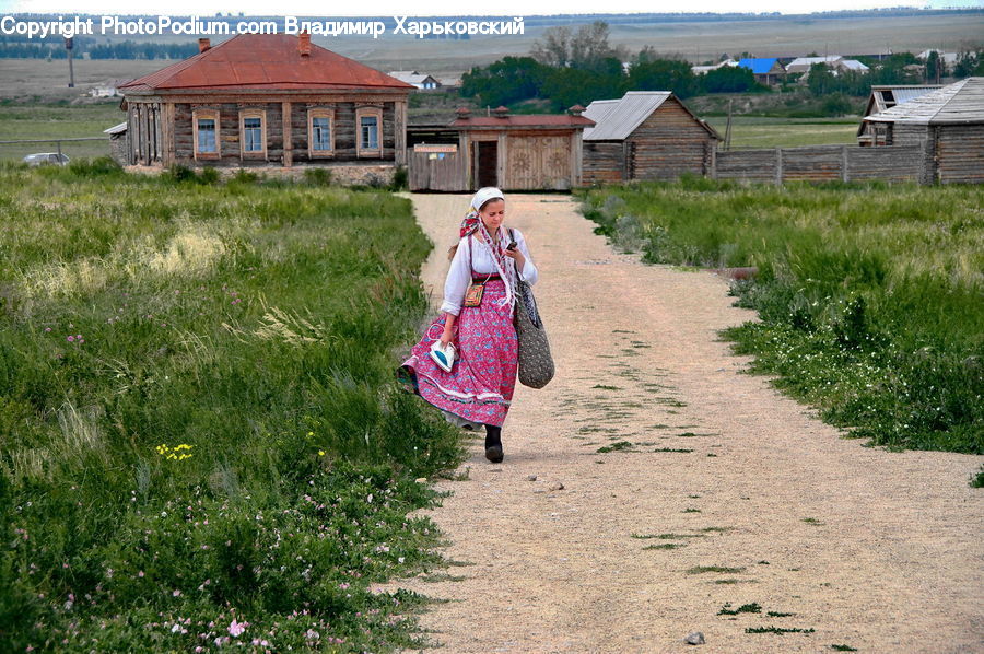 People, Person, Human, Building, Cottage, Housing, Dirt Road