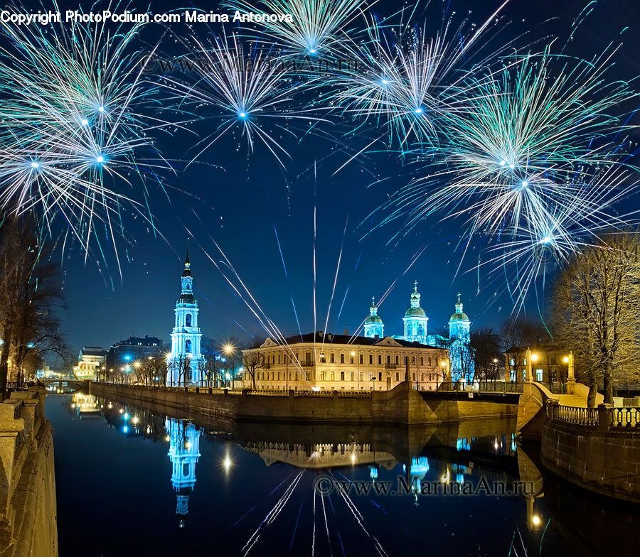 Fireworks, Night, City, Downtown, Outdoors, Urban, Metropolis