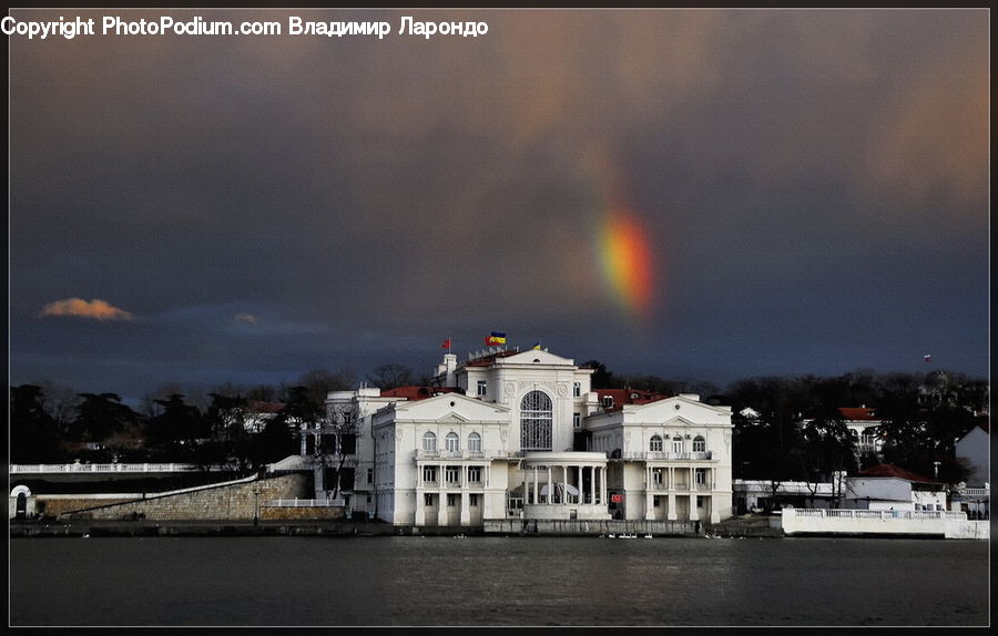 Outdoors, Rainbow, Sky, Steamer, Building, Barge, Boat