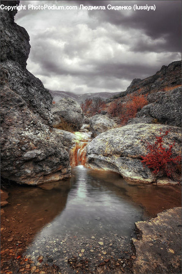 Rock, Cliff, Outdoors, Creek, River, Water, Soil