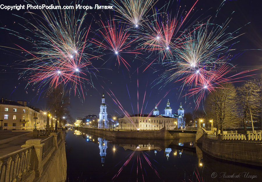 Fireworks, Night, Boat, Yacht, City, Downtown, Bench