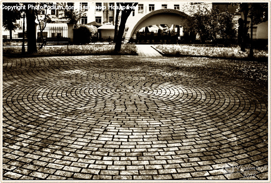 Bench, Cobblestone, Pavement, Walkway, Silhouette, Arch, Building