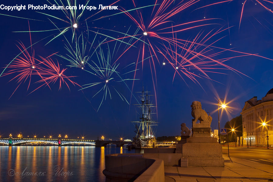 Fireworks, Night, Boardwalk, Deck, Path, Sidewalk, Walkway