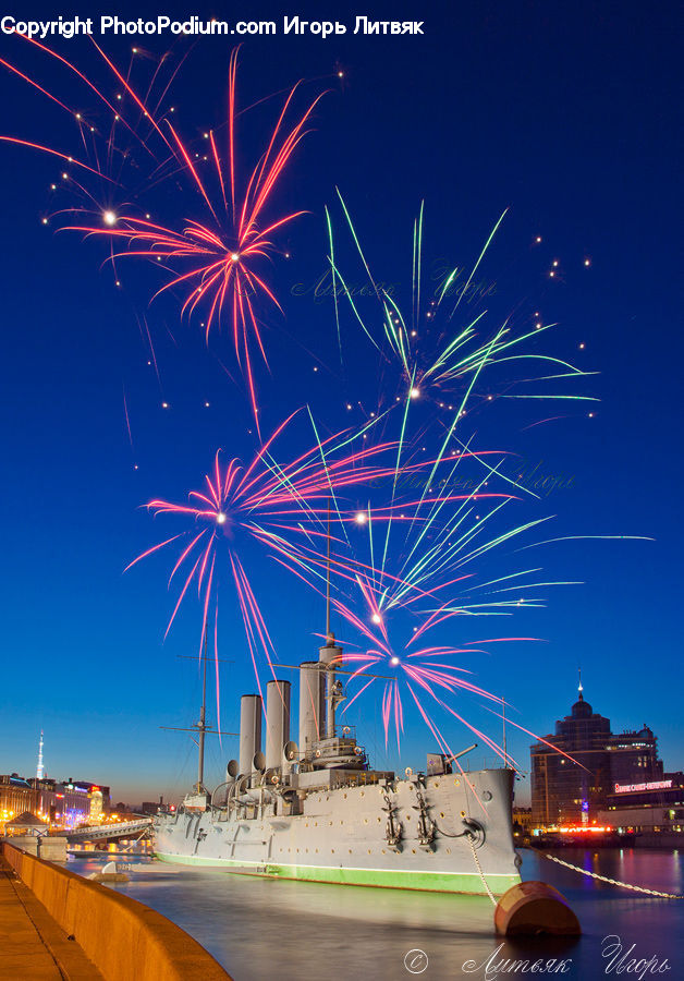 Fireworks, Night, Boardwalk, Deck, Path, Sidewalk, Walkway