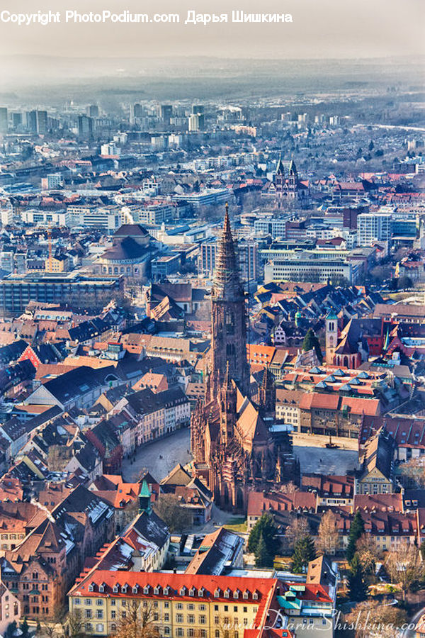Aerial View, City, Downtown, Building, Town, Roof, Collage