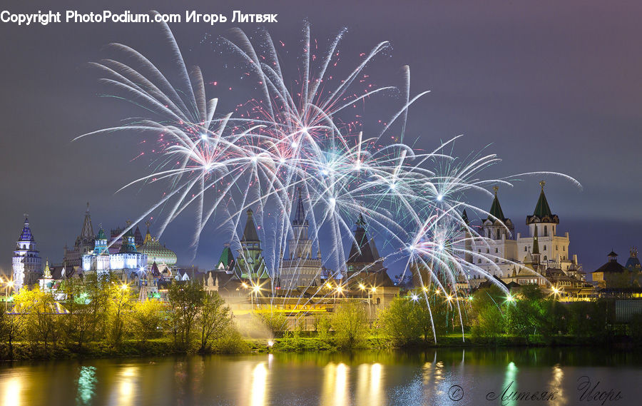 Fireworks, Night, Fountain, Water, City, Downtown, Urban