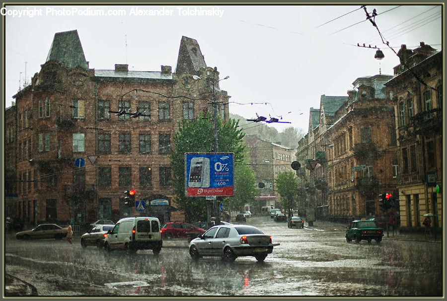 Billboard, City, Downtown, Urban, Building, Cobblestone, Pavement