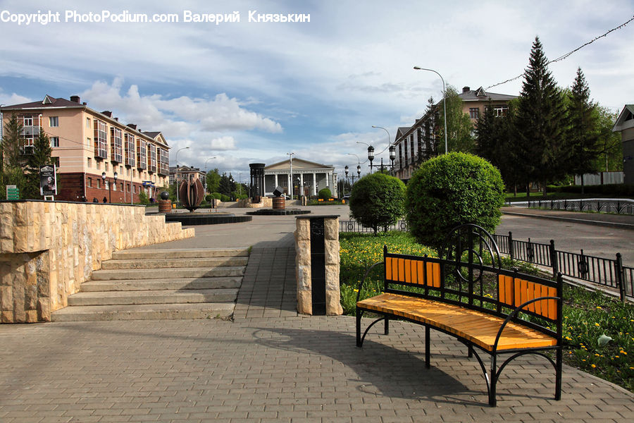 Bench, Park Bench, Building, Housing, Backyard, Yard