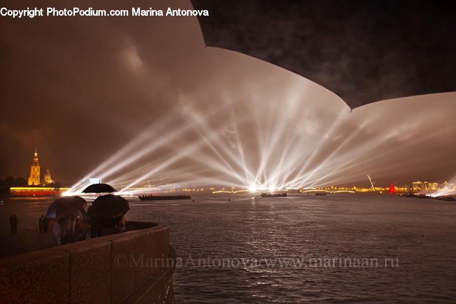 Fountain, Water, Umbrella, Auditorium, Architecture, Night, Outdoors