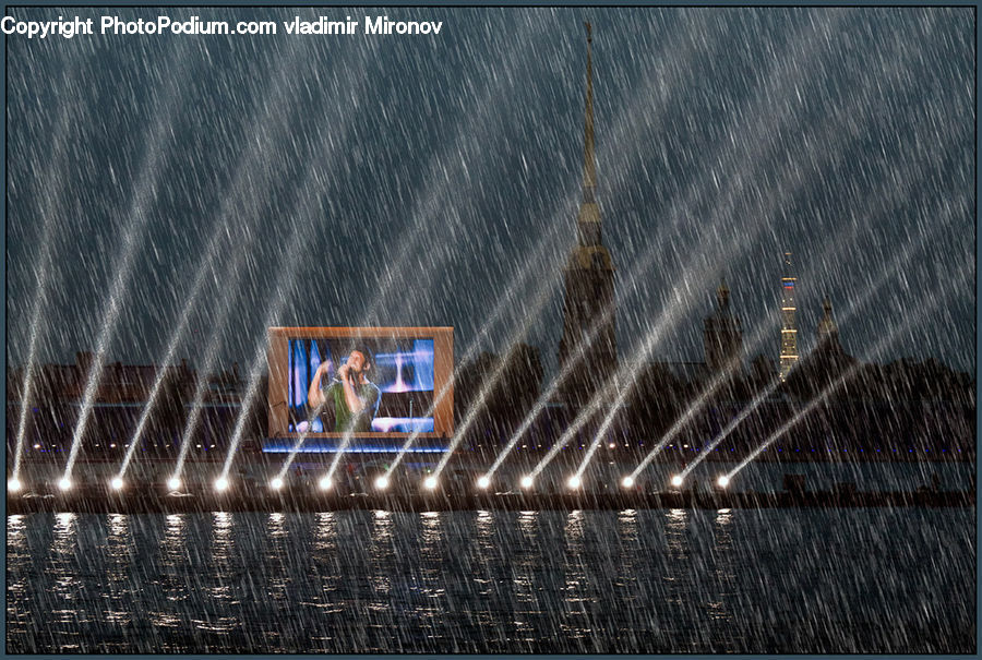 Stage, Lighting, Fountain, Water, Emblem, Logo, City