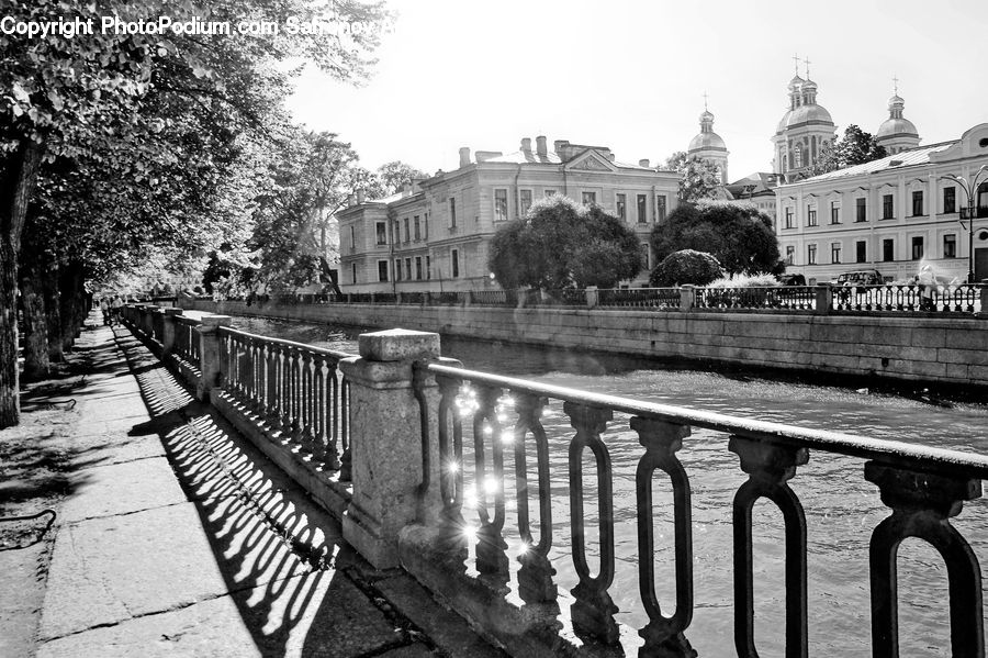 Railing, Fence, Hedge, Plant, Bridge, Bench, Canal