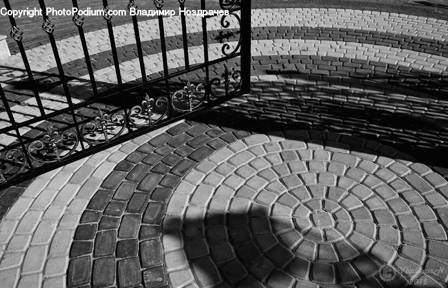 Railing, Spiral, Brick, Bench, Cobblestone, Pavement, Walkway