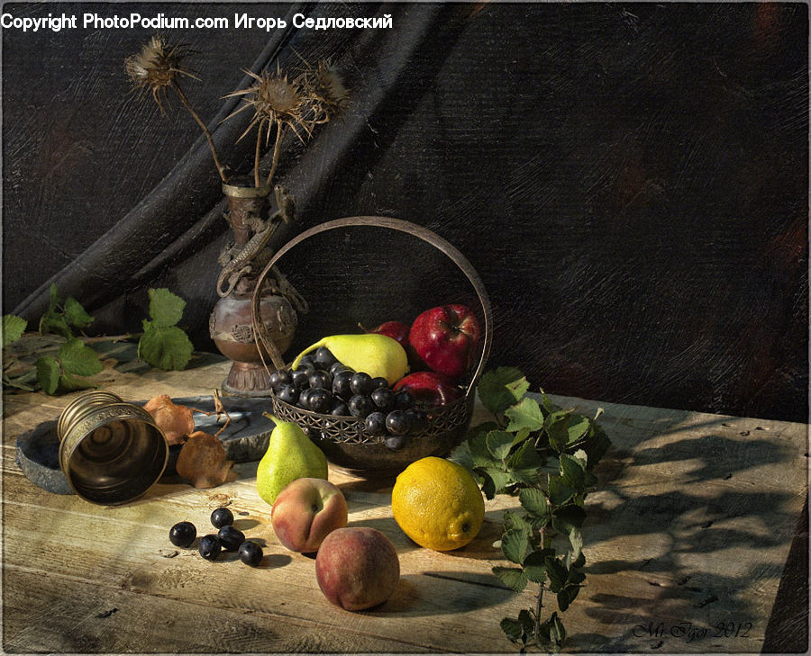 Plant, Potted Plant, Fruit, Grapes, Apple, Bowl