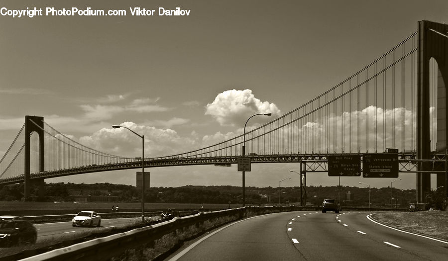 Automobile, Car, Vehicle, Bridge, Suspension Bridge, Road, Freeway