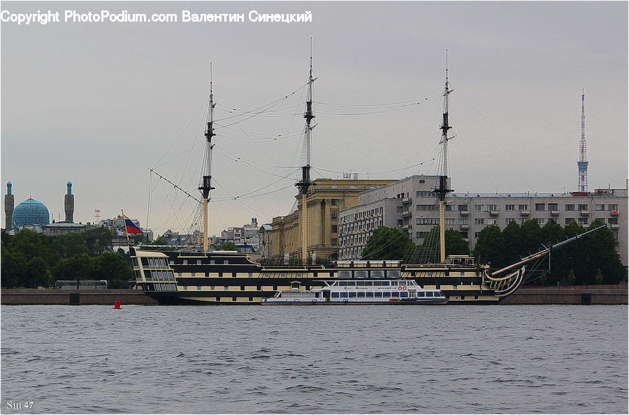 Architecture, Tower, Bench, Freighter, Ship, Vessel, Bicycle