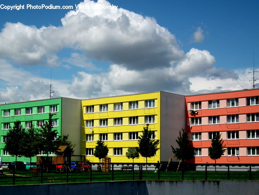 Building, Housing, Bench, Apartment Building, High Rise, Office Building, Downtown