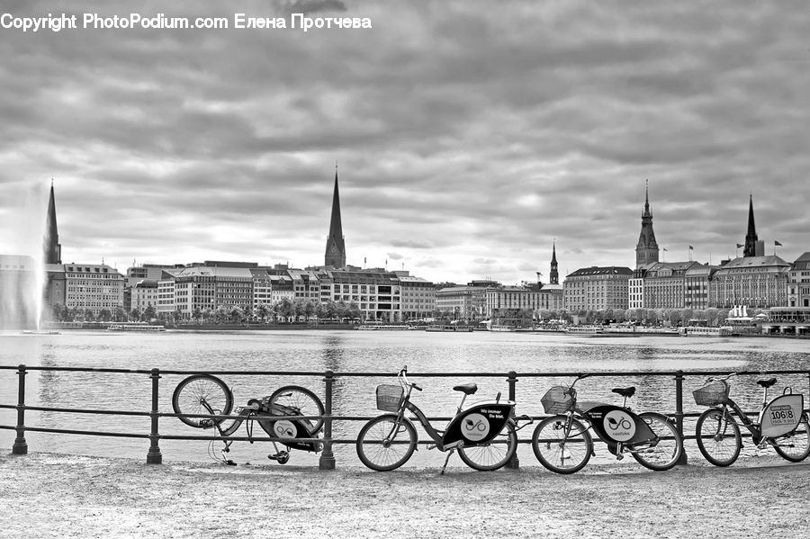Bicycle, Bike, Vehicle, Building, Bench, Moped, Motor Scooter