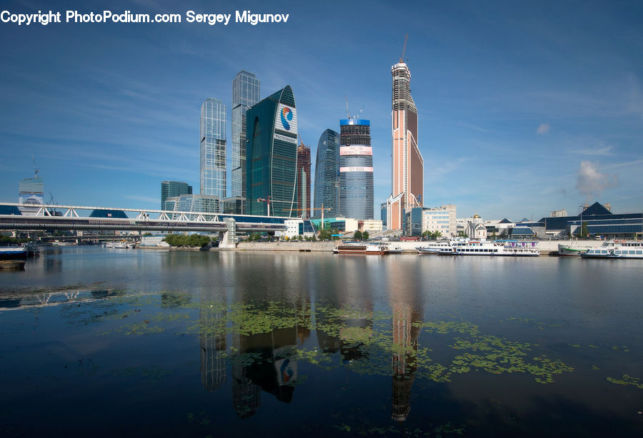 City, Downtown, Metropolis, Urban, Bridge, Outdoors, Pond