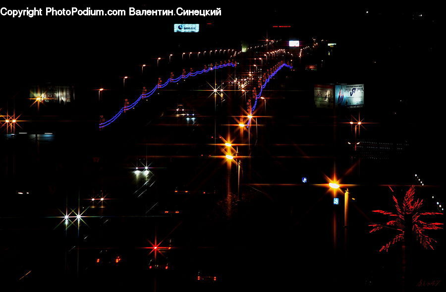 Fireworks, Night, Lighting, Outdoors, Billboard, City, Downtown