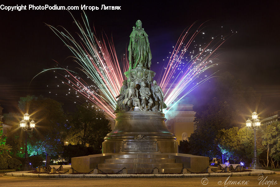 Fountain, Water, Fireworks, Night, Art, Sculpture, Statue