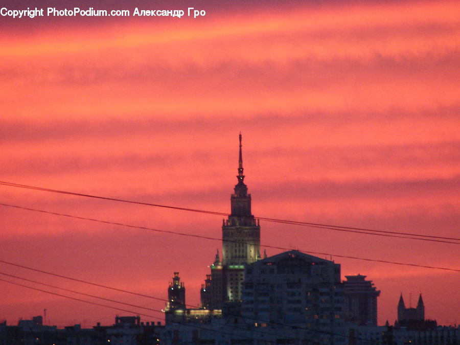 Architecture, Spire, Steeple, Tower, Dawn, Dusk, Red Sky