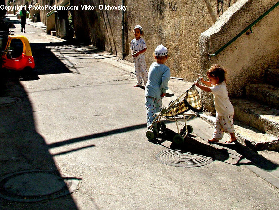 People, Person, Human, Stroller, Outhouse, Shack, Asphalt