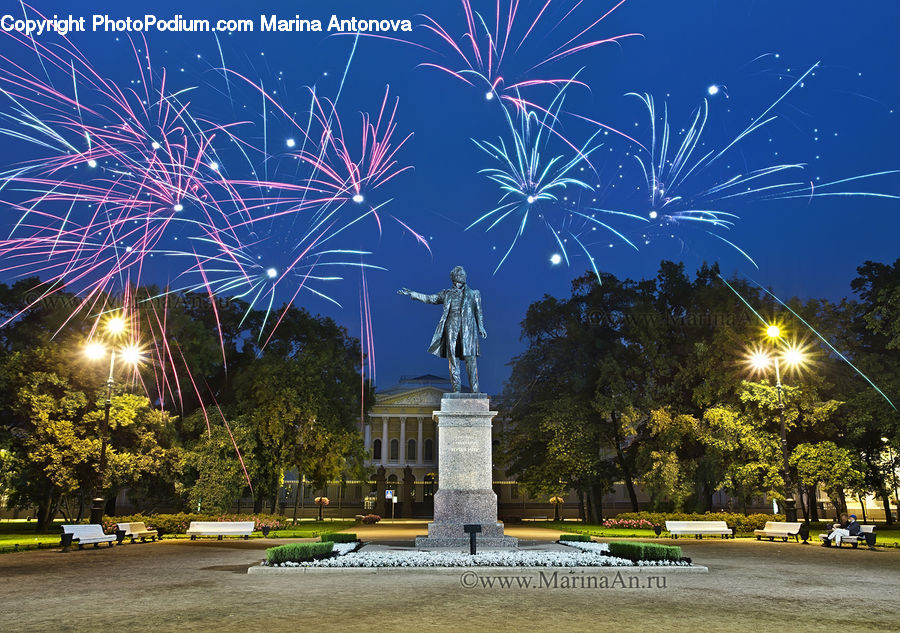Fountain, Water, Architecture, Downtown, Plaza, Town Square, Fireworks