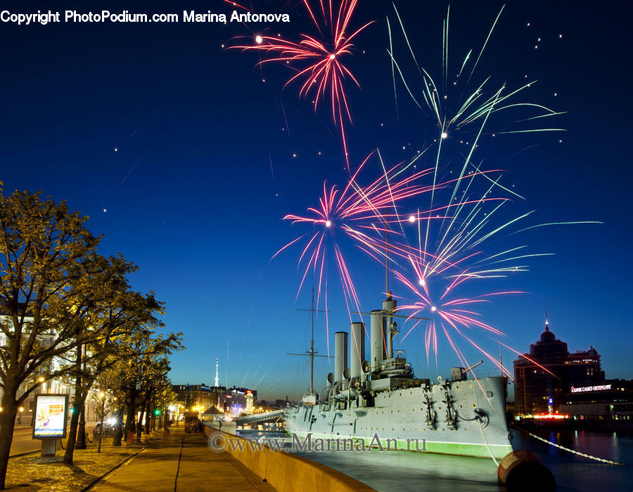 Fireworks, Night, Boardwalk, Deck, Path, Sidewalk, Walkway