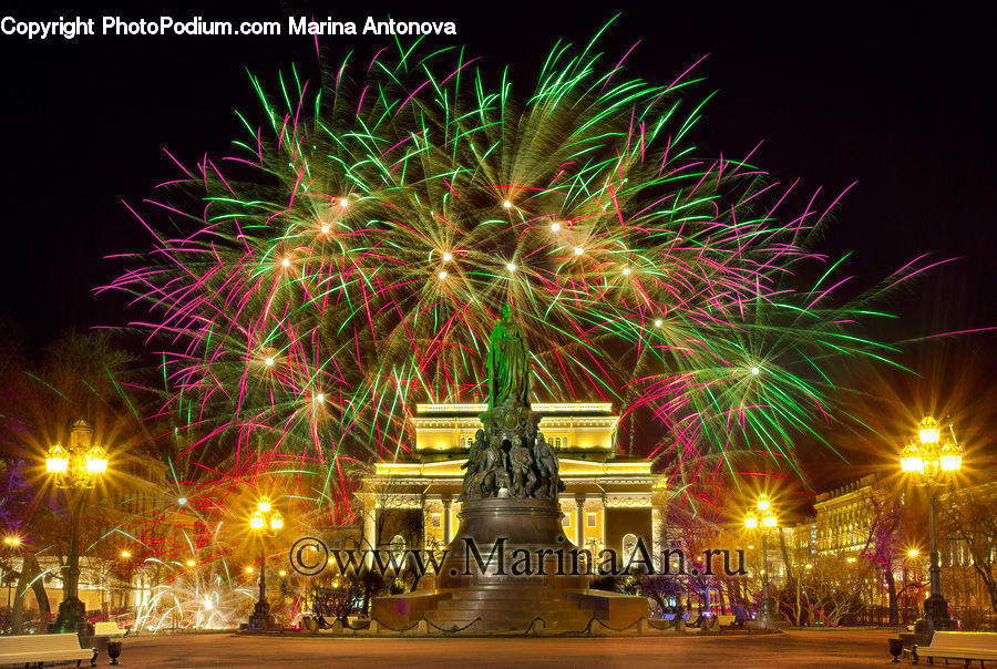 Fireworks, Night, Architecture, Shrine, Temple, Worship, City