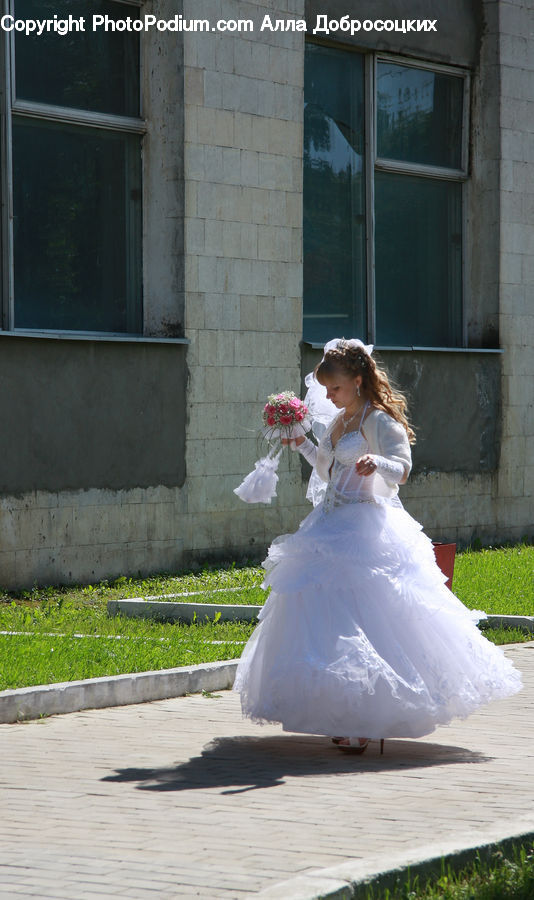 Bride, Gown, Person, Wedding, Brick, Fence, Wall