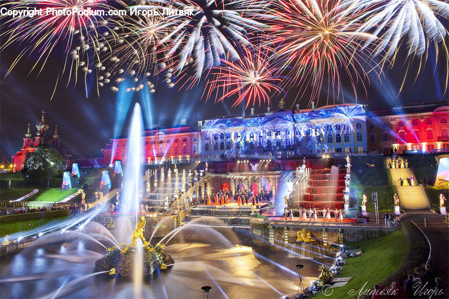 Fountain, Water, Outdoors, Rainbow, Sky, Fireworks, Night