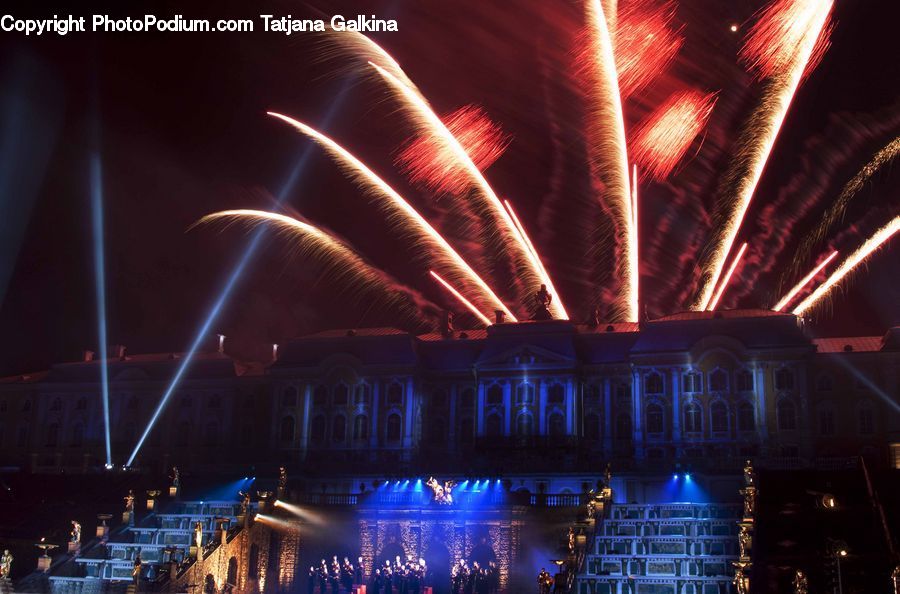 Fireworks, Night, Lighting, LED, Spotlight, Architecture, Convention Center