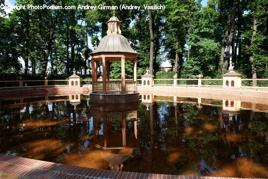 Gazebo, Chair, Furniture, Fountain, Water, Fir, Forest