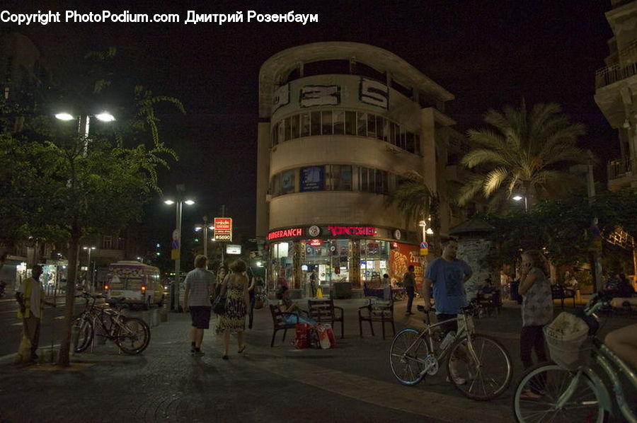 Bicycle, Bike, Vehicle, Night, Outdoors, City, Downtown