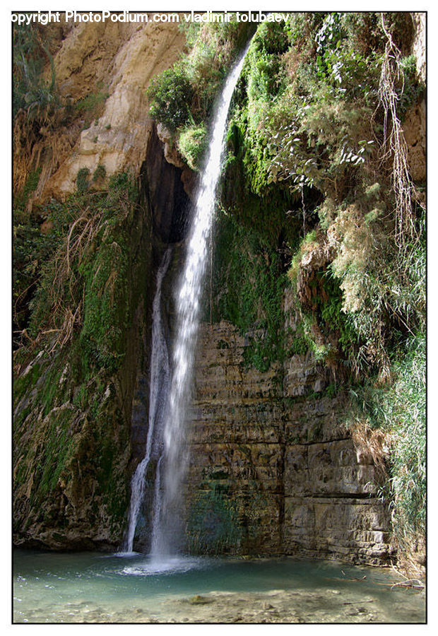 Outdoors, River, Water, Waterfall, Cliff, Moss, Plant
