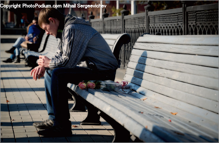 People, Person, Human, Electronics, Keyboard, Bottle, Bench