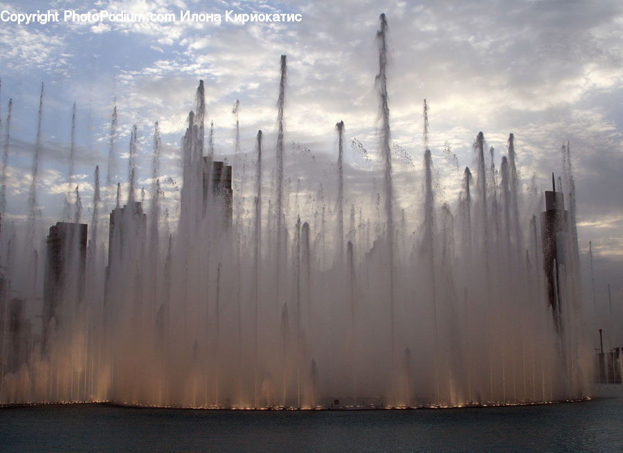 Factory, Refinery, Fountain, Water, Dawn, Dusk, Sky