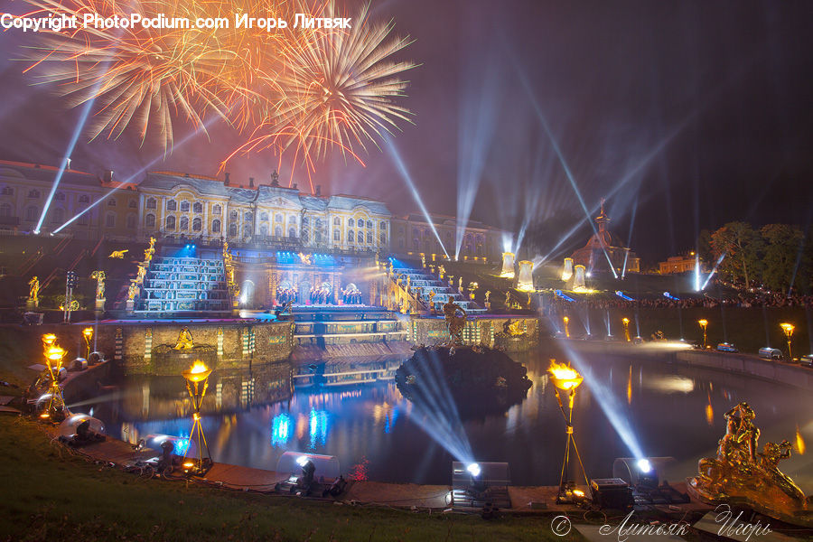Fountain, Water, Fireworks, Night, Cab, Car, Taxi