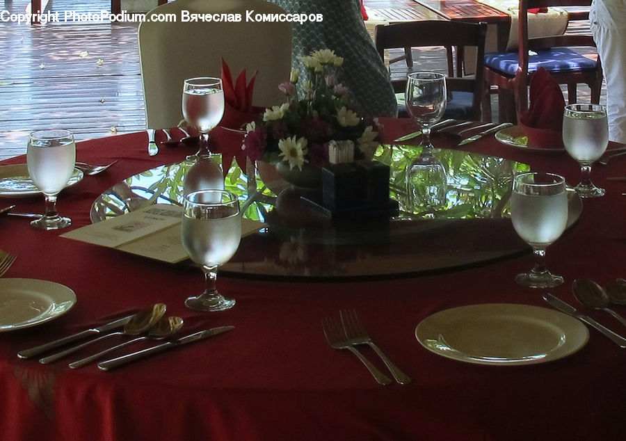 Plant, Potted Plant, Glass, Dining Table, Furniture, Table, Cafeteria